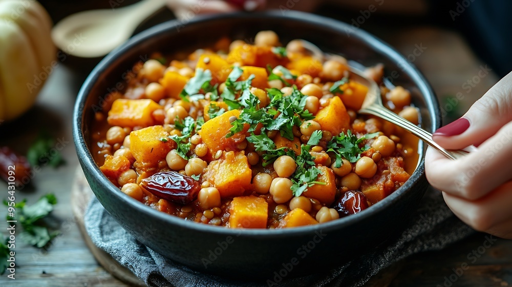 Hands of woman eating bowl of north african stew with pumpkin chickpeas lentils dates and cilantro : Generative AI Hands of woman eating bowl of north african stew with pumpkin chickpeas lentils dates and cilantro : Generative AI