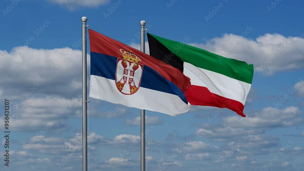 Kuwait and Serbia flags flying together, video concept of the relationship, two country cooperation concept Kuwait and Serbia flags flying together, video concept of the relationship, two country cooperation concept