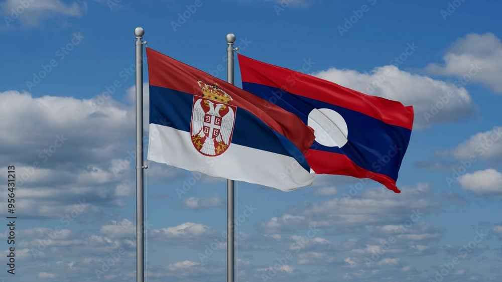 Laos and Serbia flags flying together, video concept of the relationship, two country relations concept Laos and Serbia flags flying together, video concept of the relationship, two country relations concept