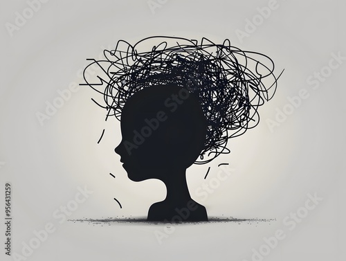 A silhouette of a person's head with a chaotic swirl of lines around it, representing stress, anxiety, or overwhelm.
