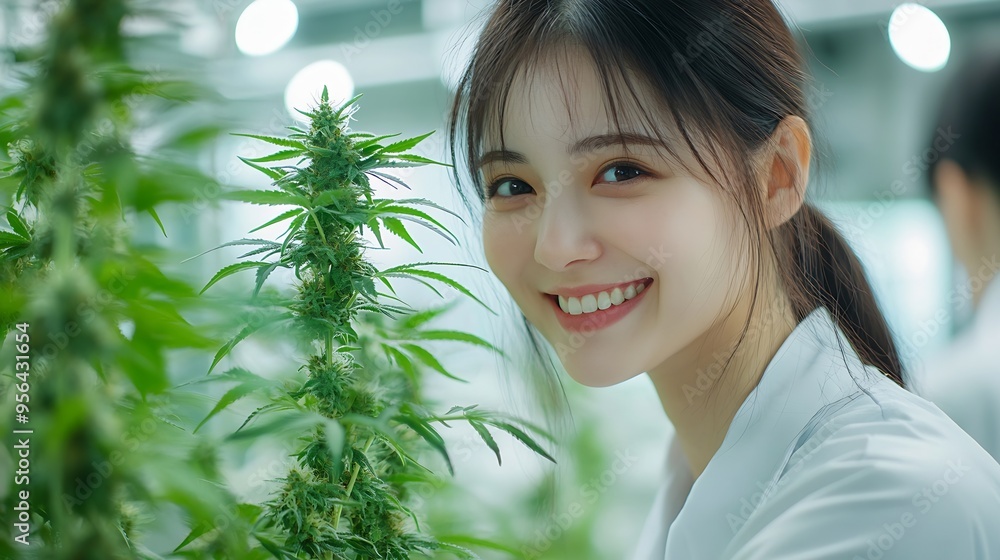 Happy Asian woman scientist smile looking plant cannabis leaves research cannabis alternative chemical extract in Farm Agro lab pharmacist select leaf ganja alternative medicine legal : Generative AI Happy Asian woman scientist smile looking plant cannabis leaves research cannabis alternative chemical extract in Farm Agro lab pharmacist select leaf ganja alternative medicine legal : Generative AI