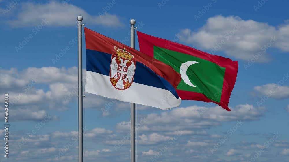 Maldives and Serbia flags flying together, video concept of the relationship, two country relations concept Maldives and Serbia flags flying together, video concept of the relationship, two country relations concept