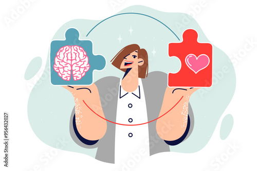 Business woman consciously chooses between feelings and reason, holding puzzle with heart and brain