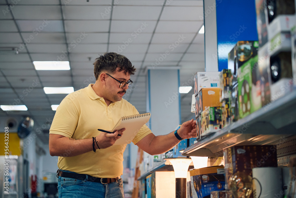 Employee reviewing merchandise on a retail shelf during the afternoon at a store, taking notes for inventory management tasks Employee reviewing merchandise on a retail shelf during the afternoon at a store, taking notes for inventory management tasks