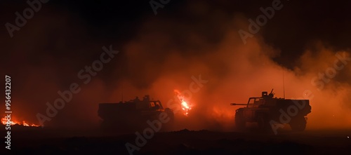 Soldiers are ready to attack as a military vehicle in silhouette against a sunset background. Artwork decoration. Selective focus.