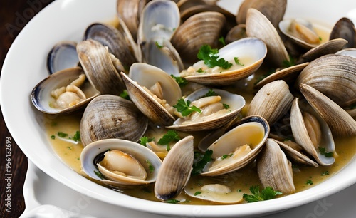 Littleneck clams in a savory white wine sauce with fresh herbs, delivering a juicy succulent seafood experience. A delicious and flavorful dish that's both satisfying and refined. photo