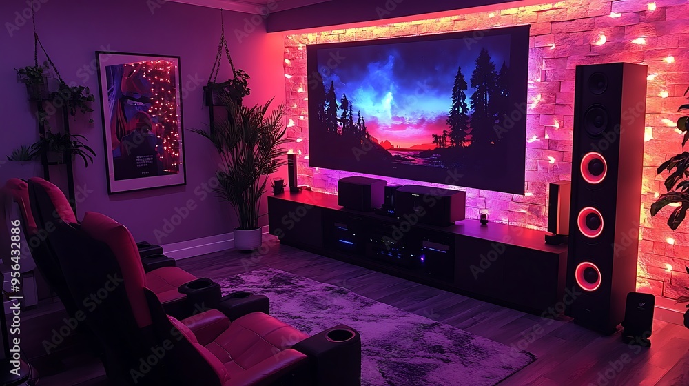 A cinematic gaming room designed like a home theater, featuring a large projection screen, surround sound speakers, and plush leather recliners, with soft ambient lighting from wall sconces, A cinematic gaming room designed like a home theater, featuring a large projection screen, surround sound speakers, and plush leather recliners, with soft ambient lighting from wall sconces,