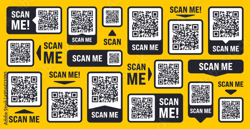 Scan me QR code sticker with text. Online payment. Special offer sale stickers, shopping discount label, promotional badge. Product serial number. Supermarket retail price tag. Vector illustration