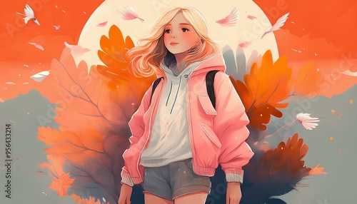  a girl adorned in a pink jacket and gray shorts, adobe firefly created items