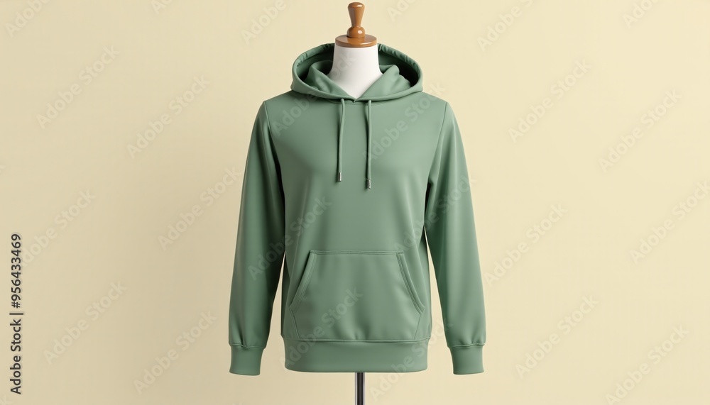 Mockup blank sage green hoodie with mannequin, cream background Mockup blank sage green hoodie with mannequin, cream background