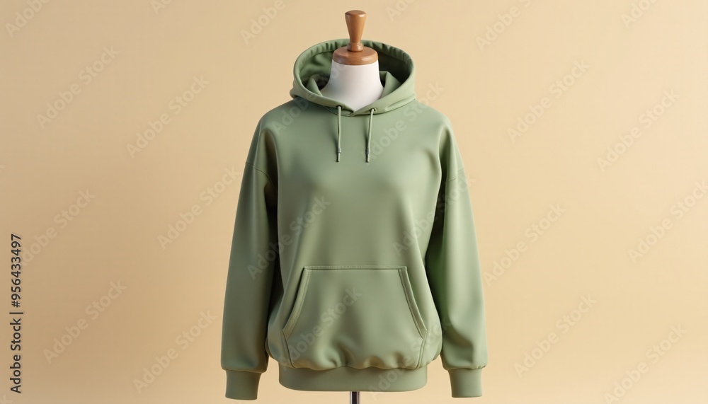 Mockup blank light olive hoodie with mannequin, beige background Mockup blank light olive hoodie with mannequin, beige background