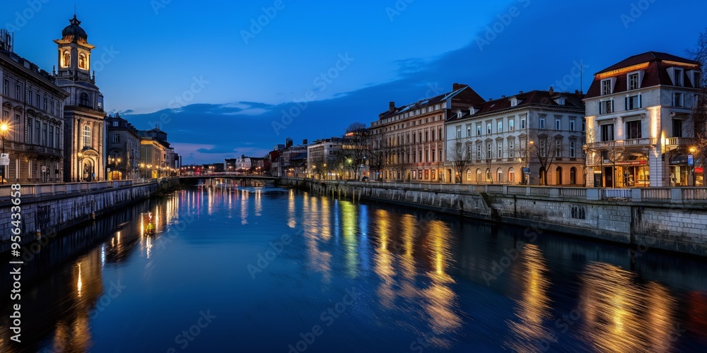 Obraz premium A mesmerizing twilight scene along a calm river reflecting the dazzling lights of the beautifully illuminated buildings and charming architecture along the riverside in a serene blue setting.