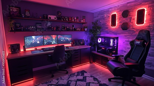 A classic gamer’s den, filled with vintage consoles, retro gaming posters, and shelves displaying gaming memorabilia, featuring a comfortable recliner and a wooden gaming desk, photo