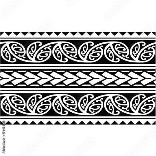 Polynesian tattoo design tribal border. Tribal design ethnic ornament maori band. Samoan Tattoo ribbon sleeve bracelet. Fabric seamless isolated hawaiian armband pattern on white background.