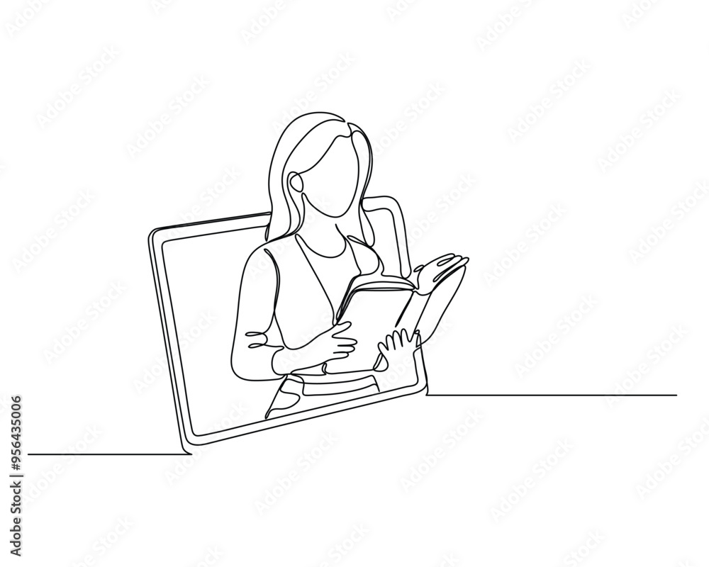 continuous line drawing of a person reading a book, emerging from an open laptop screen. This represents the concept of online learning or the blending of technology and traditional reading continuous line drawing of a person reading a book, emerging from an open laptop screen. This represents the concept of online learning or the blending of technology and traditional reading