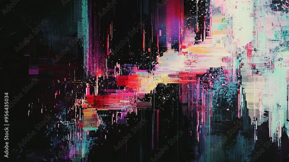 Fototapeta premium A digital glitch effect with fragmented pixels and distorted colors, conveying a sense of disruption and chaos. Background