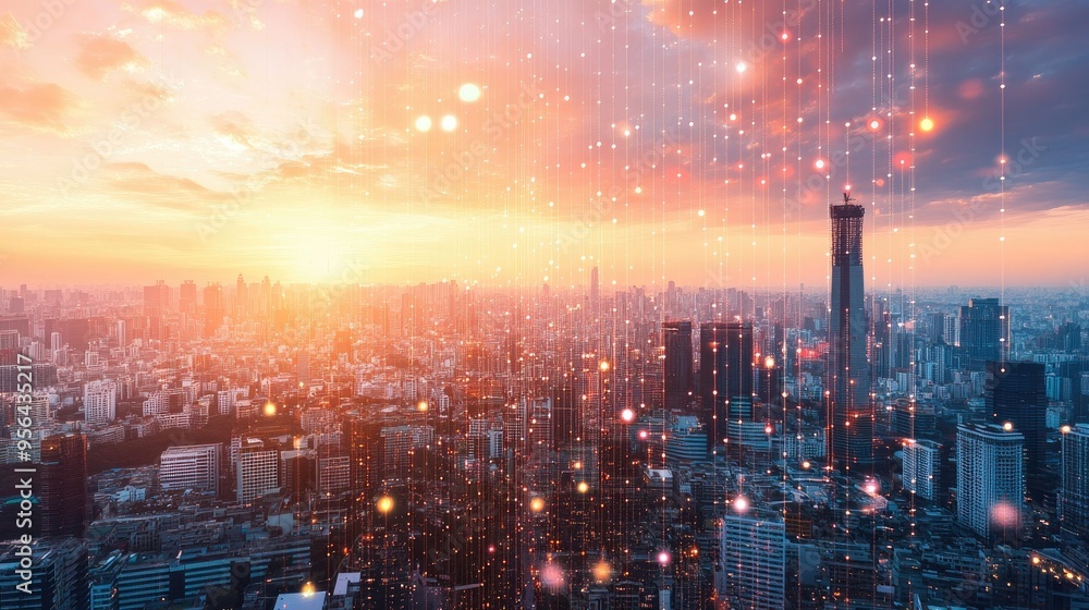 Fototapeta premium A city skyline at sunset with glowing lines connecting buildings.