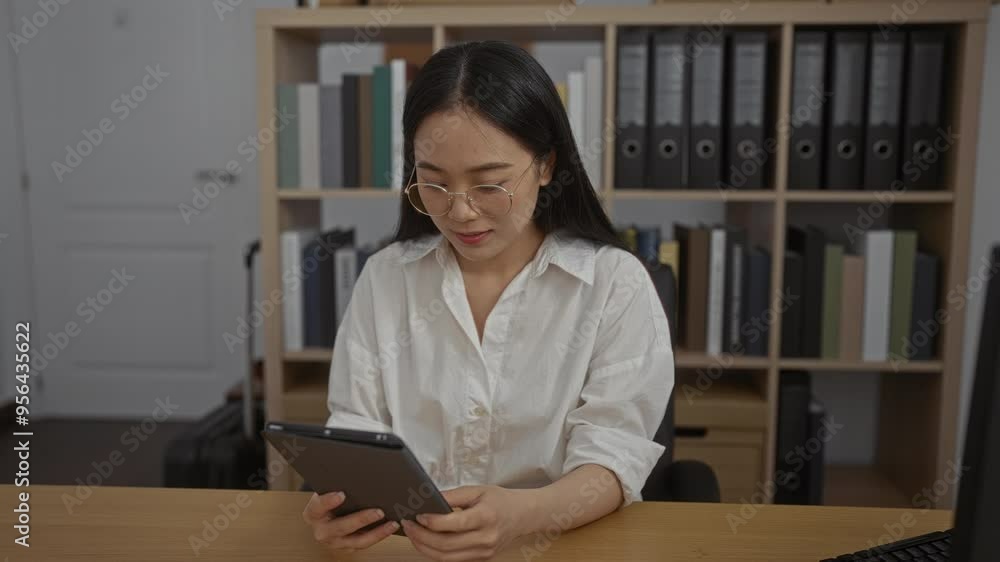 Woman working in office, wearing glasses and using tablet, shelves with binders behind, focused on screen, dressed in white, with dark hair, smiling at desk, modern workplace setup Woman working in office, wearing glasses and using tablet, shelves with binders behind, focused on screen, dressed in white, with dark hair, smiling at desk, modern workplace setup