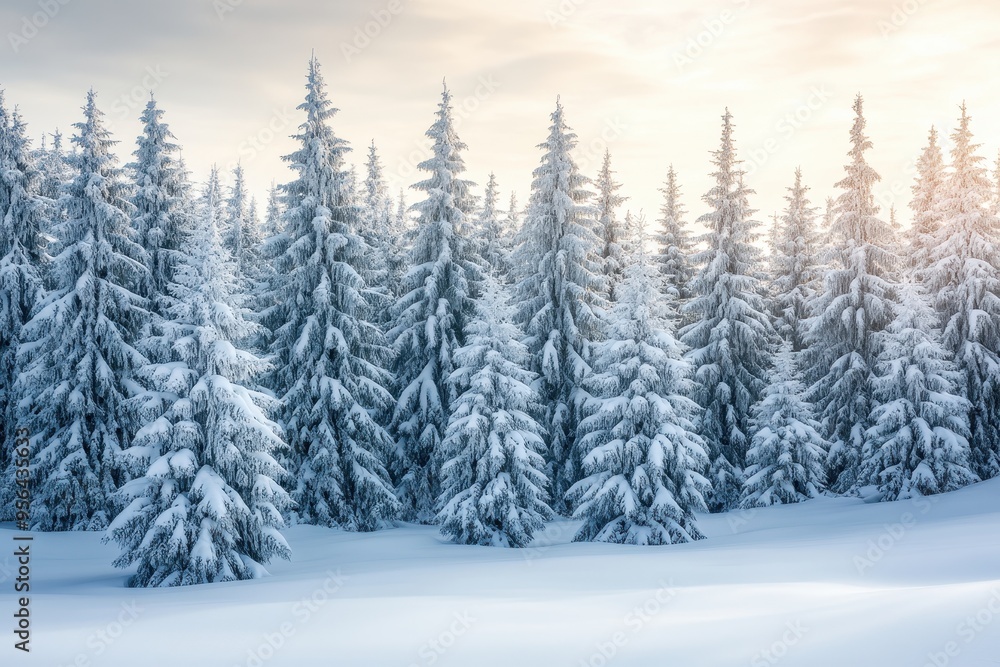 A serene winter landscape featuring snow-covered evergreen trees under a soft sunrise. A serene winter landscape featuring snow-covered evergreen trees under a soft sunrise.