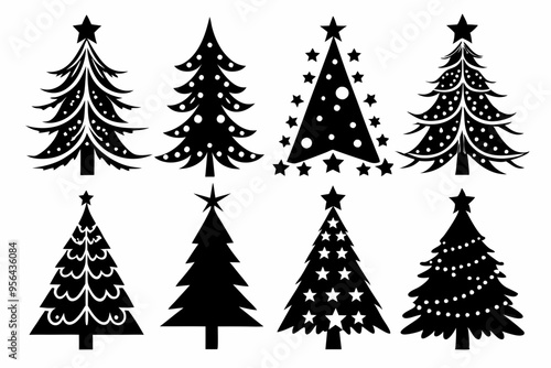 Christmas trees silhouettes set isolated on white background, collection of christmas new year trees vector icon illustration