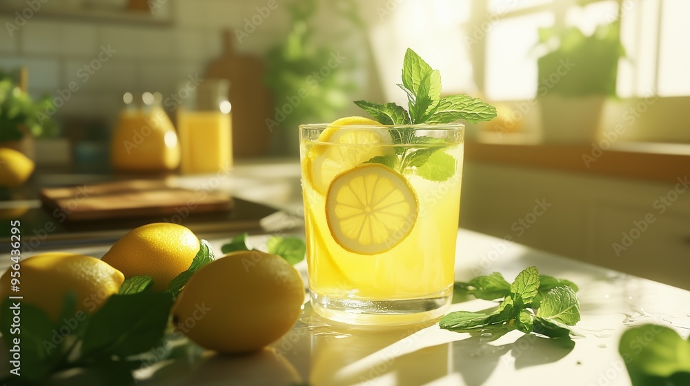 Fototapeta premium A refreshing glass of lemon juice with mint garners summer's essence and invites a cool sip.
