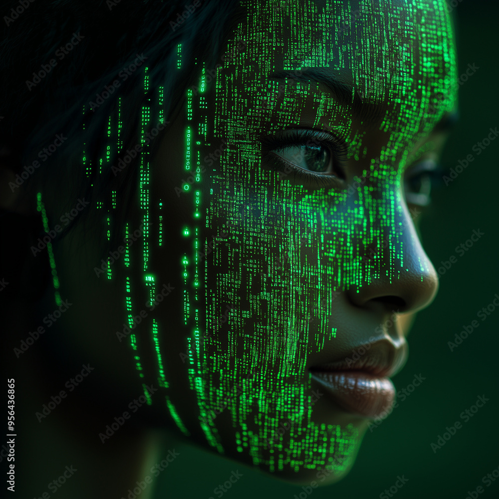 A woman's face is covered in green lines and dots, giving it a futuristic and otherworldly appearance A woman's face is covered in green lines and dots, giving it a futuristic and otherworldly appearance