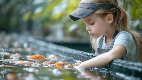 Junior Biologist or little girl natural science check drain water from factory Water environment pollution problem concept  water science collect dead fish from factory wast water : Generative AI photo