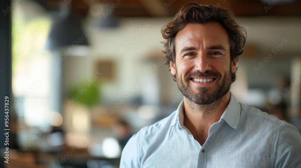 Fototapeta premium Professional Portrait of a Smiling Man in a Modern Office Setting with Natural Light