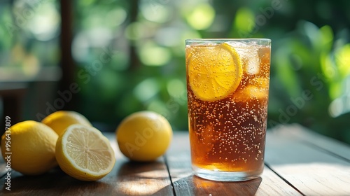 plastic glass with ice tea and lemon on wooden table with green garden on the background : Generative AI