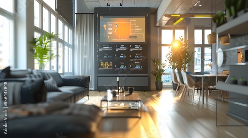 Illustration of A sleek, modern office space where executives discuss carbon credit investments, with a digital screen showcasing fluctuating values, blending environmental responsibility with economi photo