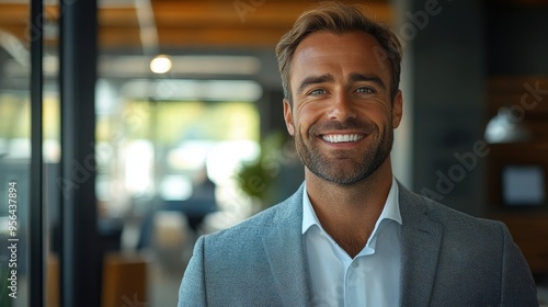 Confident Businessman Smiling in Modern Office Environment with Natural Light and Contemporary Design