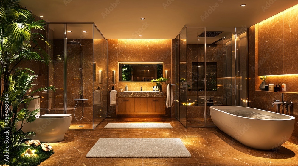 Luxurious modern bathroom featuring elegant fixtures, soft lighting, and lush plants for a tranquil atmosphere. Luxurious modern bathroom featuring elegant fixtures, soft lighting, and lush plants for a tranquil atmosphere.