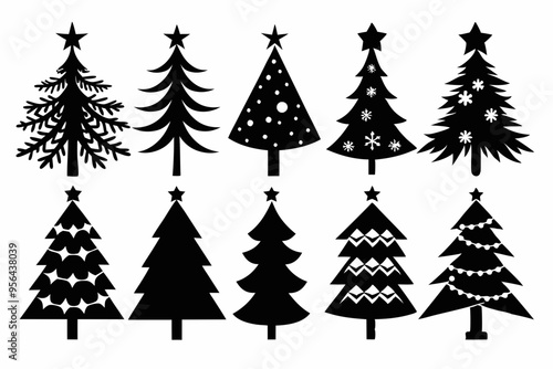 Christmas trees silhouettes set isolated on white background, collection of christmas new year trees vector icon illustration