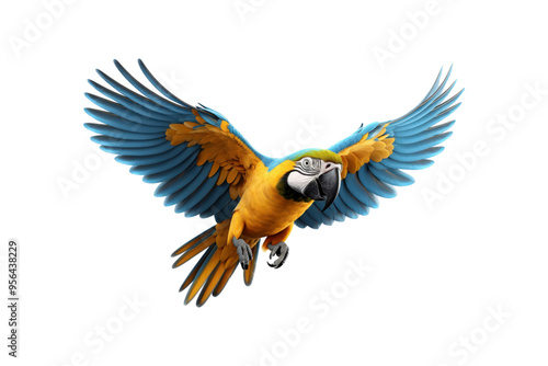 Blue and yellow macaw midflight with spread wings. Suitable for nature, wildlife, tropical bird, and freedom concept designs