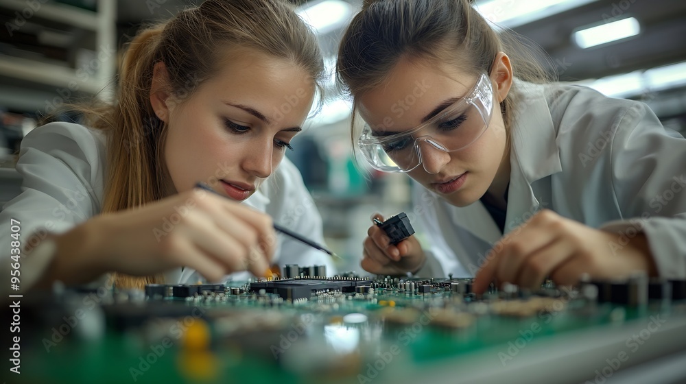 Fototapeta premium Two female engineers working with computer chips in electronics lab : Generative AI