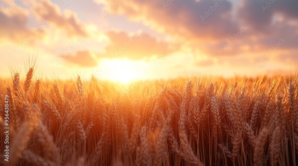 Golden wheat field and sunset sky landscape of agricultural grain harvest in harvest season panorama Farming farming and farming Summer landscape with wheat field : Generative AI Golden wheat field and sunset sky landscape of agricultural grain harvest in harvest season panorama Farming farming and farming Summer landscape with wheat field : Generative AI