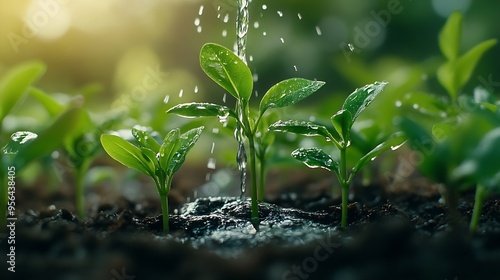 Watering fresh green plant sprout seedlings on soil and precious life and earth environment and life world water day concept : Generative AI photo