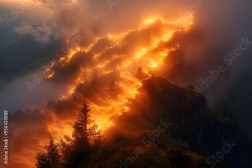 Majestic mountain landscape during a dramatic sunset, showcasing towering peaks partially shrouded in wispy clouds.