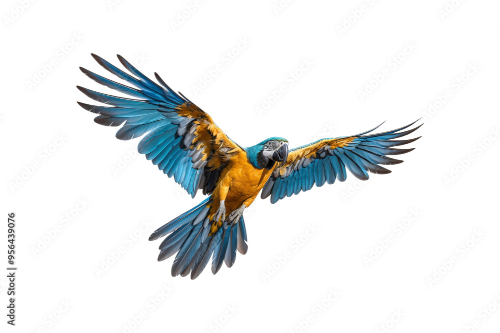 Fototapeta premium Blue and yellow macaw midflight with spread wings. Suitable for nature, wildlife, tropical bird, and freedom concept designs