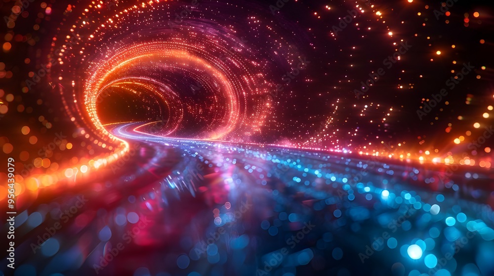 Obraz premium A surreal tunnel of light, showcasing a mesmerizing blend of vibrant colors including deep oranges, electric blues, and shimmering purples.