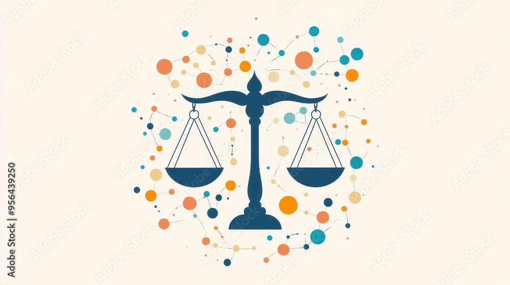 Abstract Illustration of Scales of Justice with Colorful Network Connections on Light Background Abstract Illustration of Scales of Justice with Colorful Network Connections on Light Background