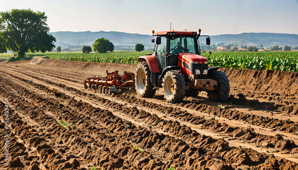 Tractor Labouring in Scenic Farmland Tractor Labouring in Scenic Farmland