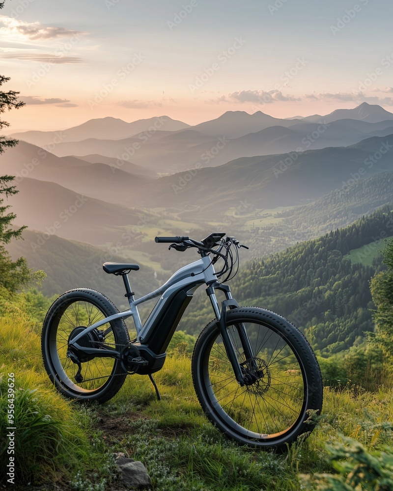 Electric bike on mountain landscape during sunset. Electric bike on mountain landscape during sunset.