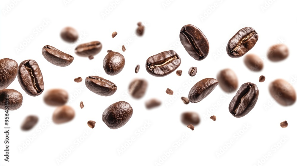 Coffee beans falling through the air, isolated on a white background. Coffee beans falling through the air, isolated on a white background.