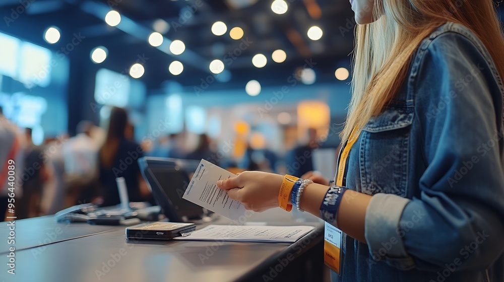 Process of checking in on a conference congress forum event registration desk table visitors and attendees receiving a name badge and entrance wristband bracelet and register electroni : Generative AI Process of checking in on a conference congress forum event registration desk table visitors and attendees receiving a name badge and entrance wristband bracelet and register electroni : Generative AI