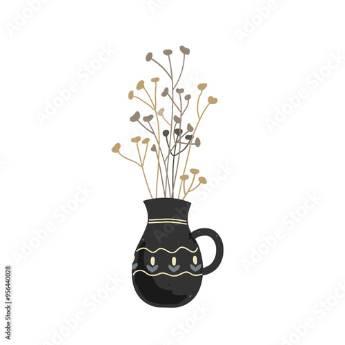 Old handmade clay pot with dried herbs. Vector isolated illustration. Minimal modern interior decoration design element