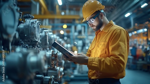 Wallpaper Mural Worker with digital tablet examining machinery in factory : Generative AI Torontodigital.ca
