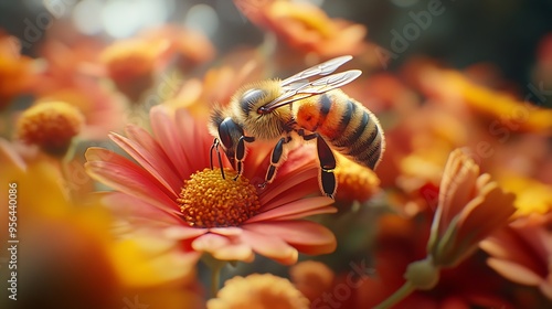 Bee in a flower garden A worker bee pollinating flowers : Generative AI