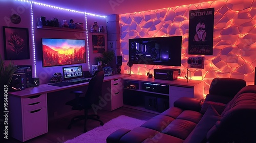 A cozy retro gaming room, featuring a collection of classic consoles, vintage gaming posters on the walls, and a comfy sofa, with a wooden gaming desk and soft, warm lighting,