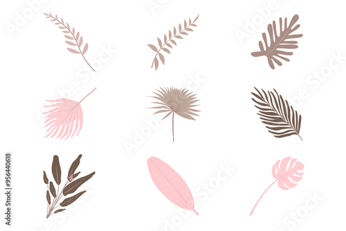 Pastel botanical leaves png clip art set, aesthetic tropical illustrations on transparent background